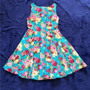 BlackButterfly US 10 Retro Floral Dress Turquoise Cotton